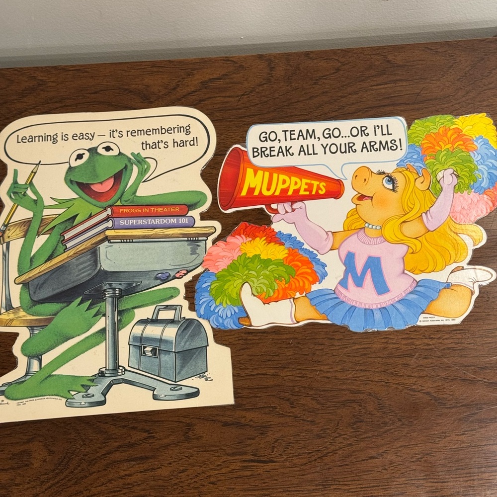 TWO Vintage Hallmark Muppets Kermit Miss Piggy Small Posters Go Team Desk Decor